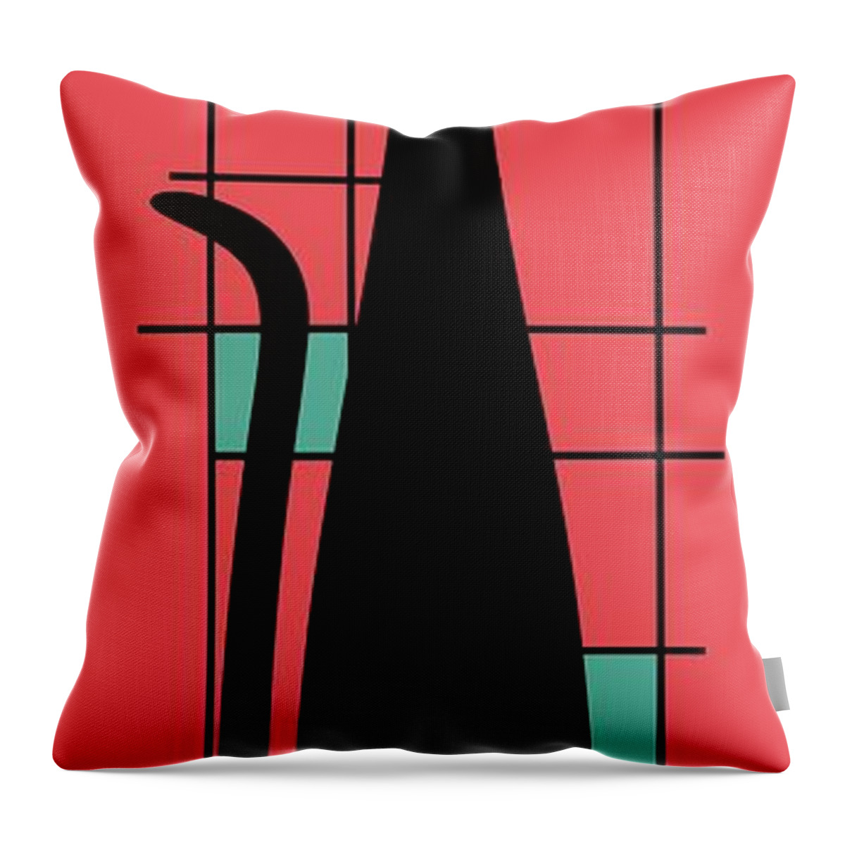 Mid Century Modern Cat Throw Pillow featuring the digital art Tall Mondrian Cat on Salmon Pink by Donna Mibus