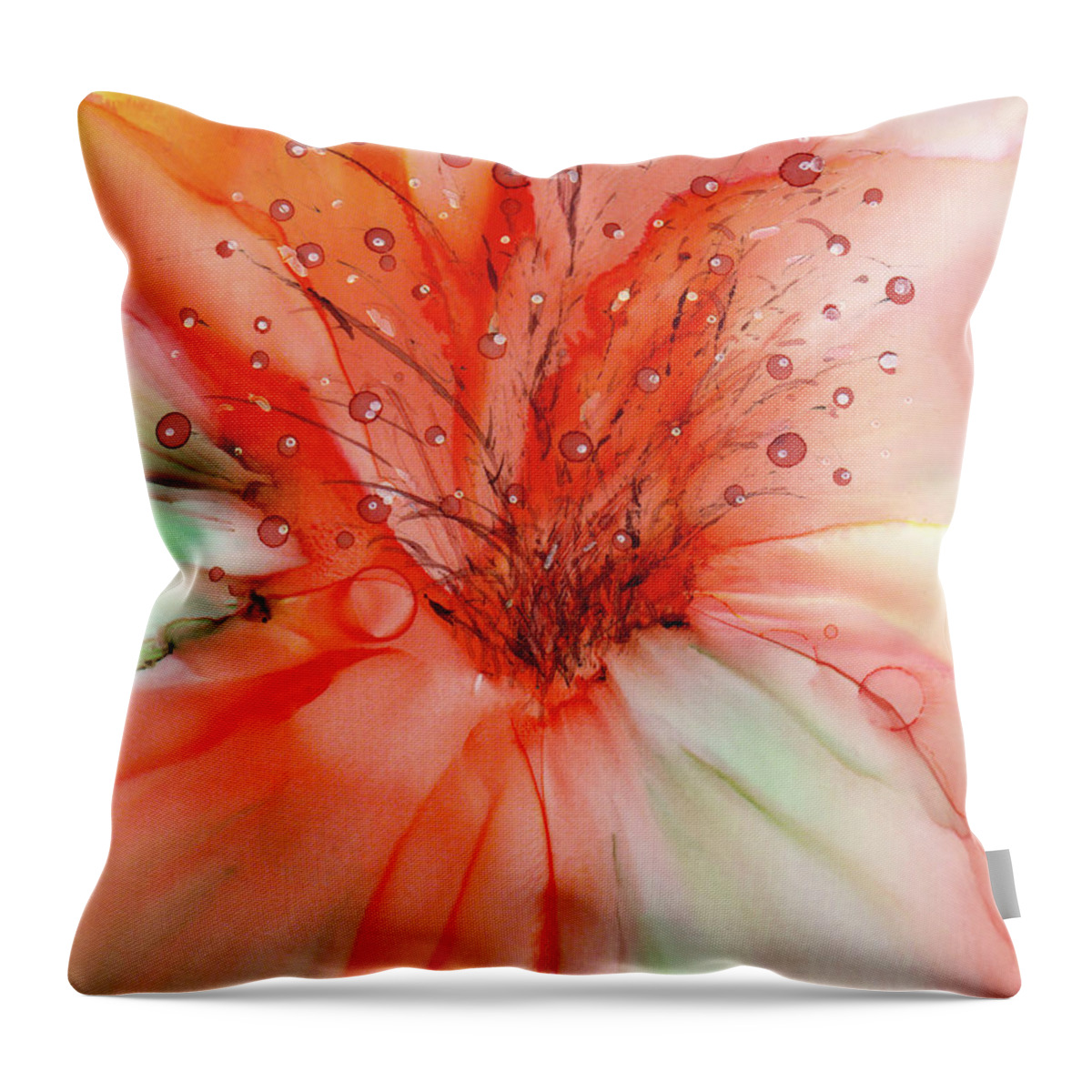 Beautiful Floral Painting In Orange Hues With Detailed Center. Lots Of Energy And Movement In The Piece! Original Painting Was Done In Vibrant Alcohol Ink Which Has A Wonderful Organic Flow. Throw Pillow featuring the painting Tangerine Bloom by Kimberly Deene Langlois
