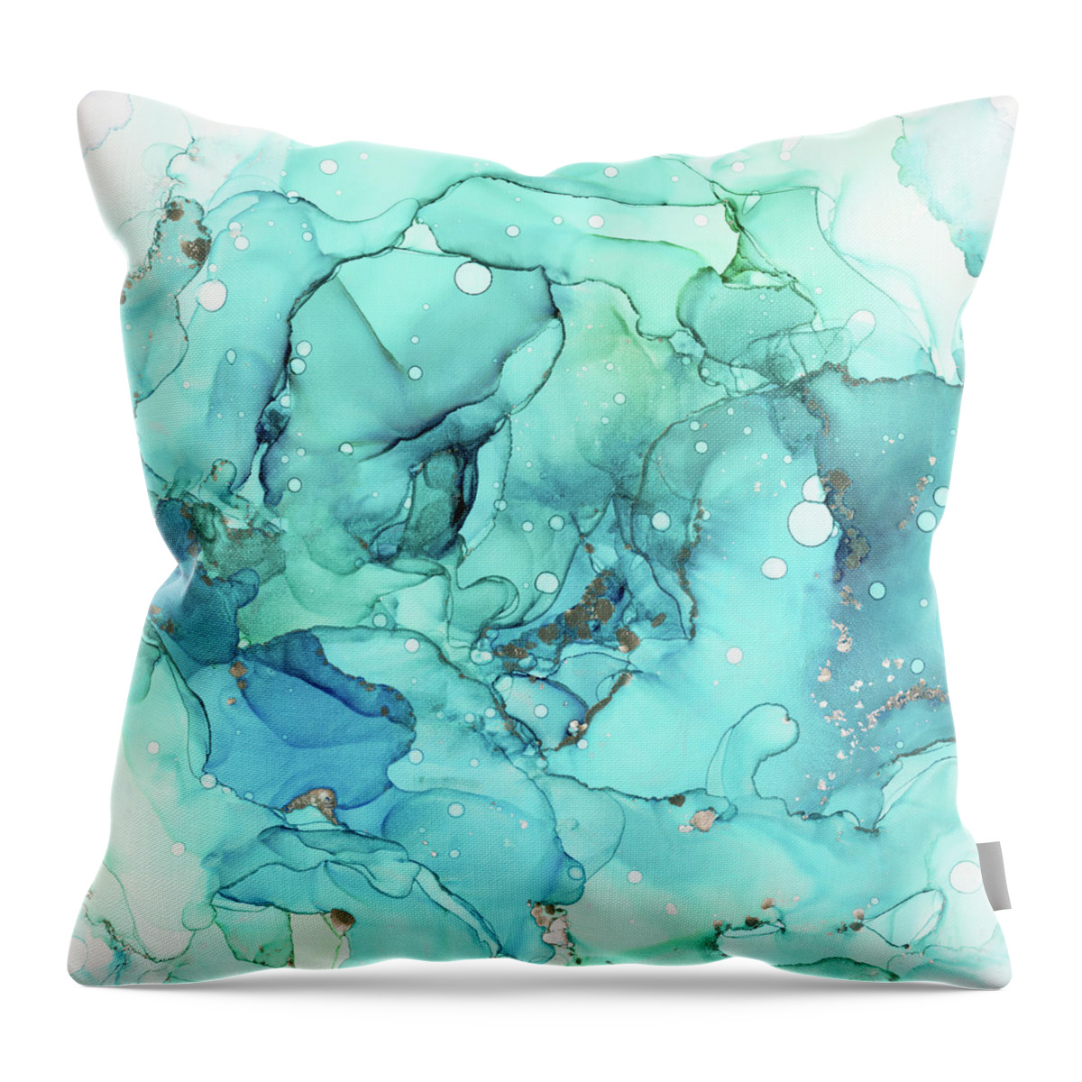 Ink Throw Pillow featuring the painting Teal Blue Chrome Abstract Ink by Olga Shvartsur