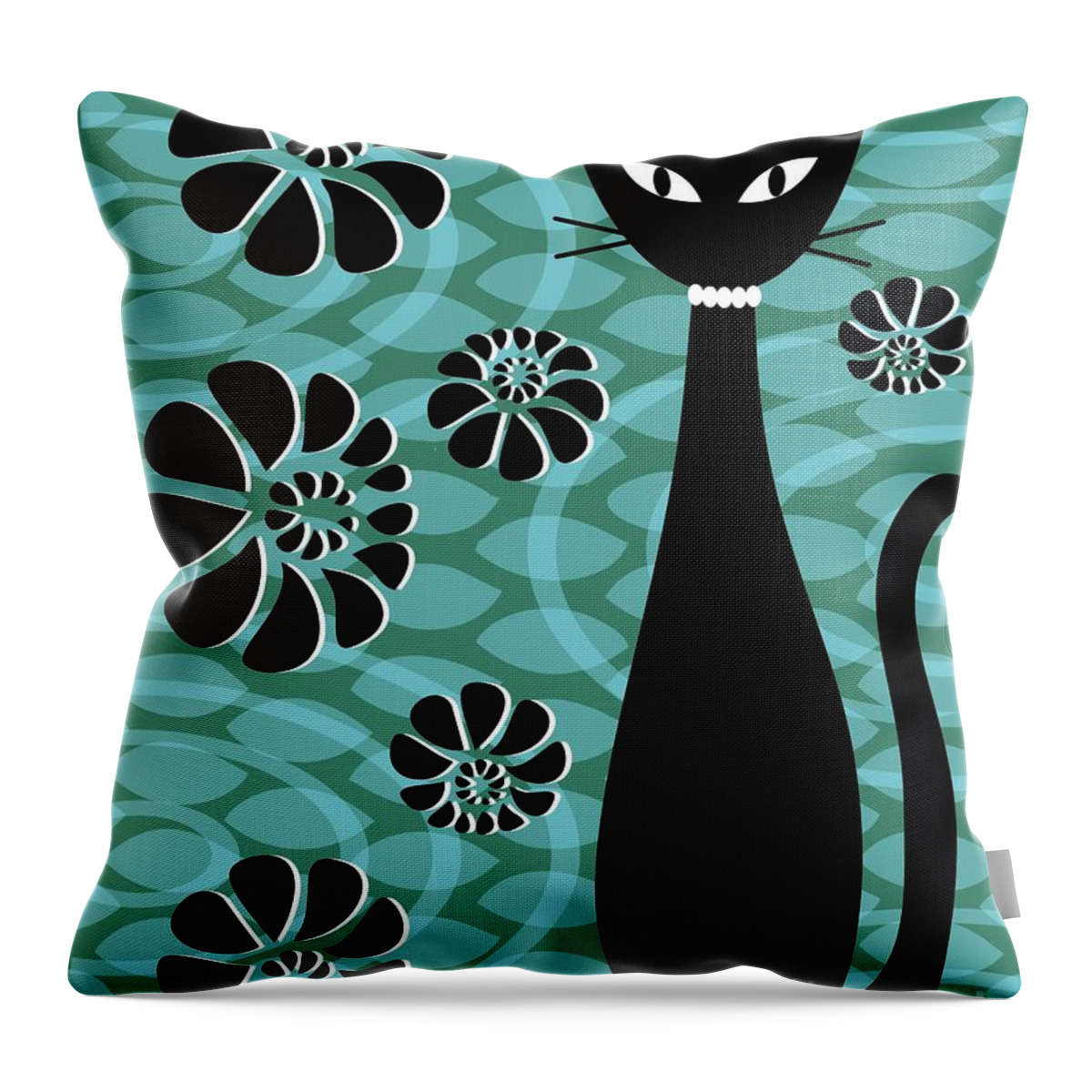 Abstract Cat Throw Pillow featuring the digital art Teal Mod Cat 2 by Donna Mibus