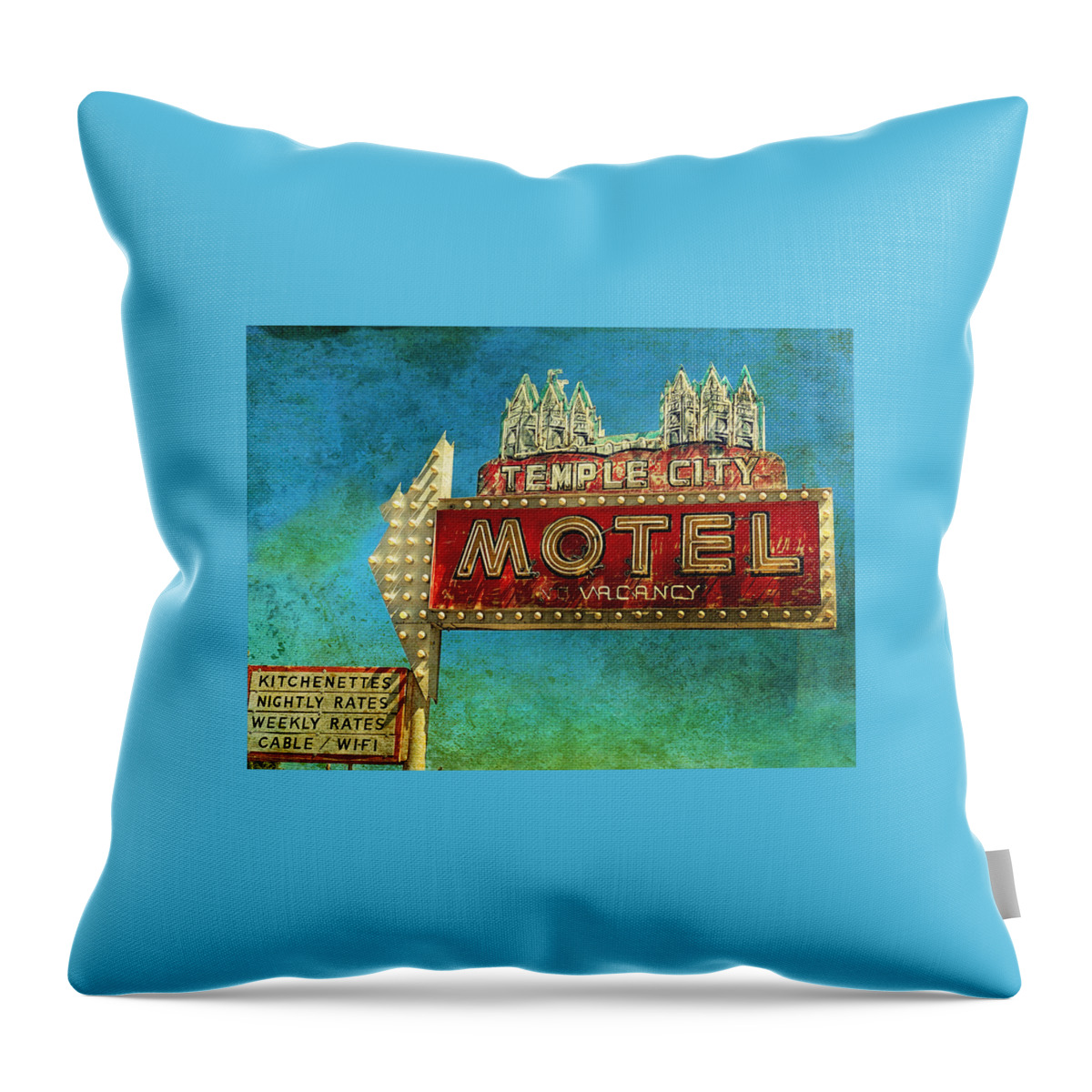 Motel Roadsign Sign Vintagesign Neonsign Neon Saltlakecity Landmark Utah Throw Pillow featuring the photograph Temple City Motel by Meg McCormick