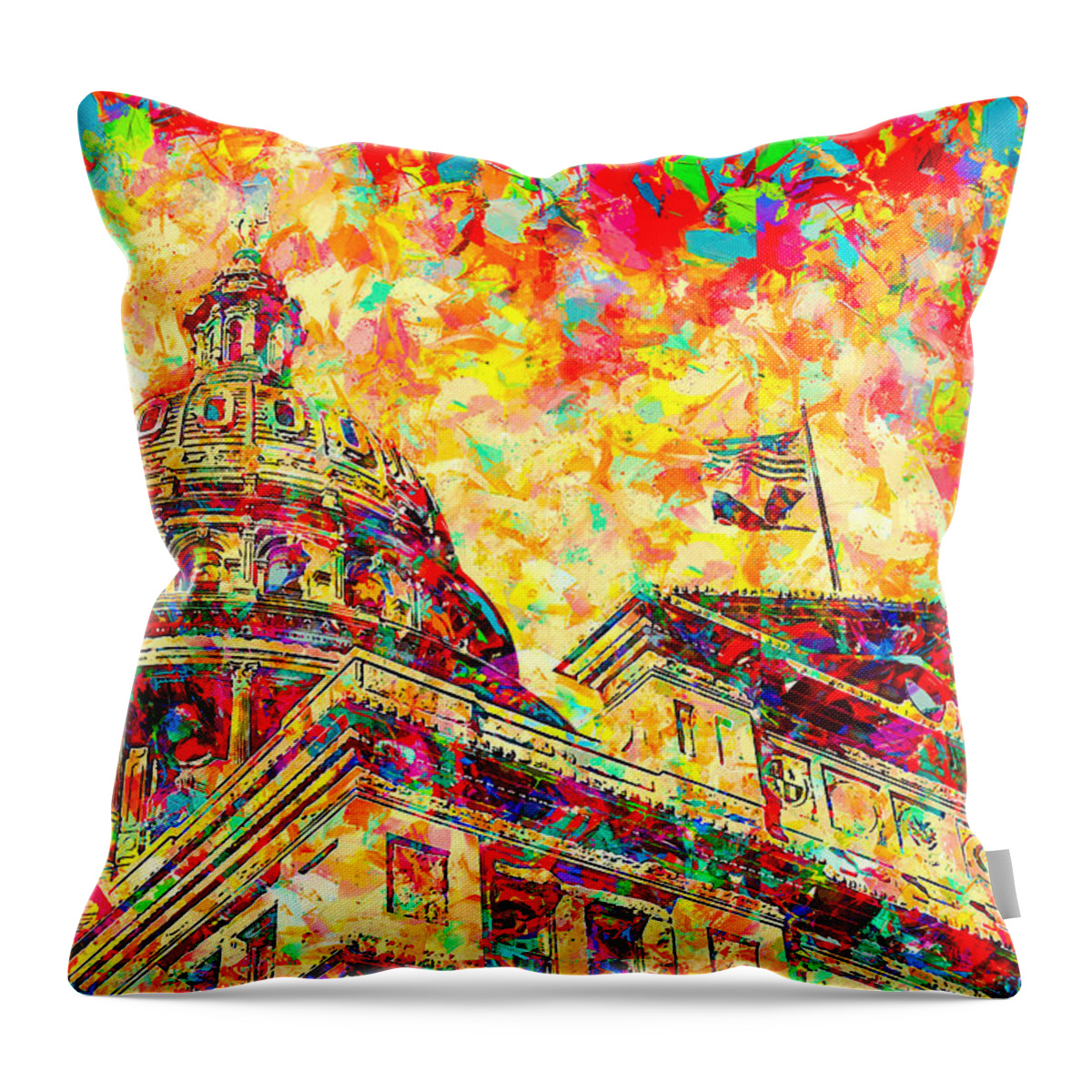 Texas State Capitol Throw Pillow featuring the digital art Texas State Capitol in Austin - colorful painting by Nicko Prints