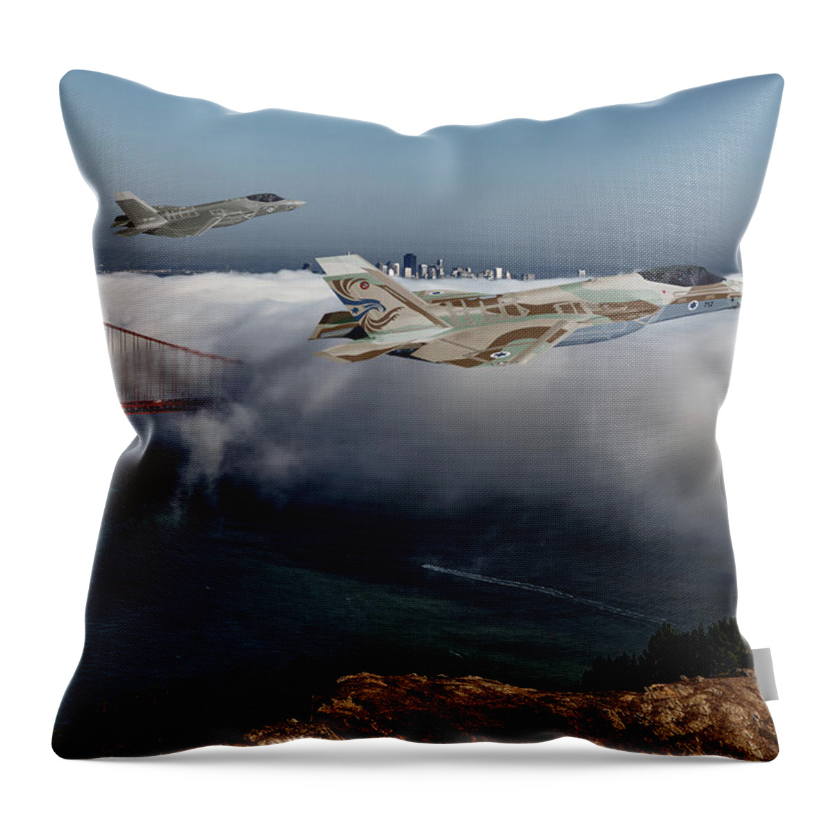 Lightning Throw Pillow featuring the digital art TF-35C and TF-35I over San Francisco by Custom Aviation Art