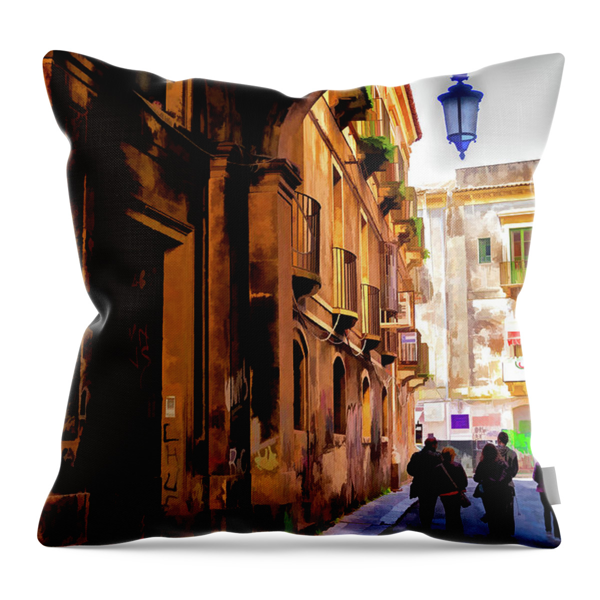 Catania Throw Pillow featuring the photograph The Alley from Teatro Bellini, Catania, Sicily. by Monroe Payne