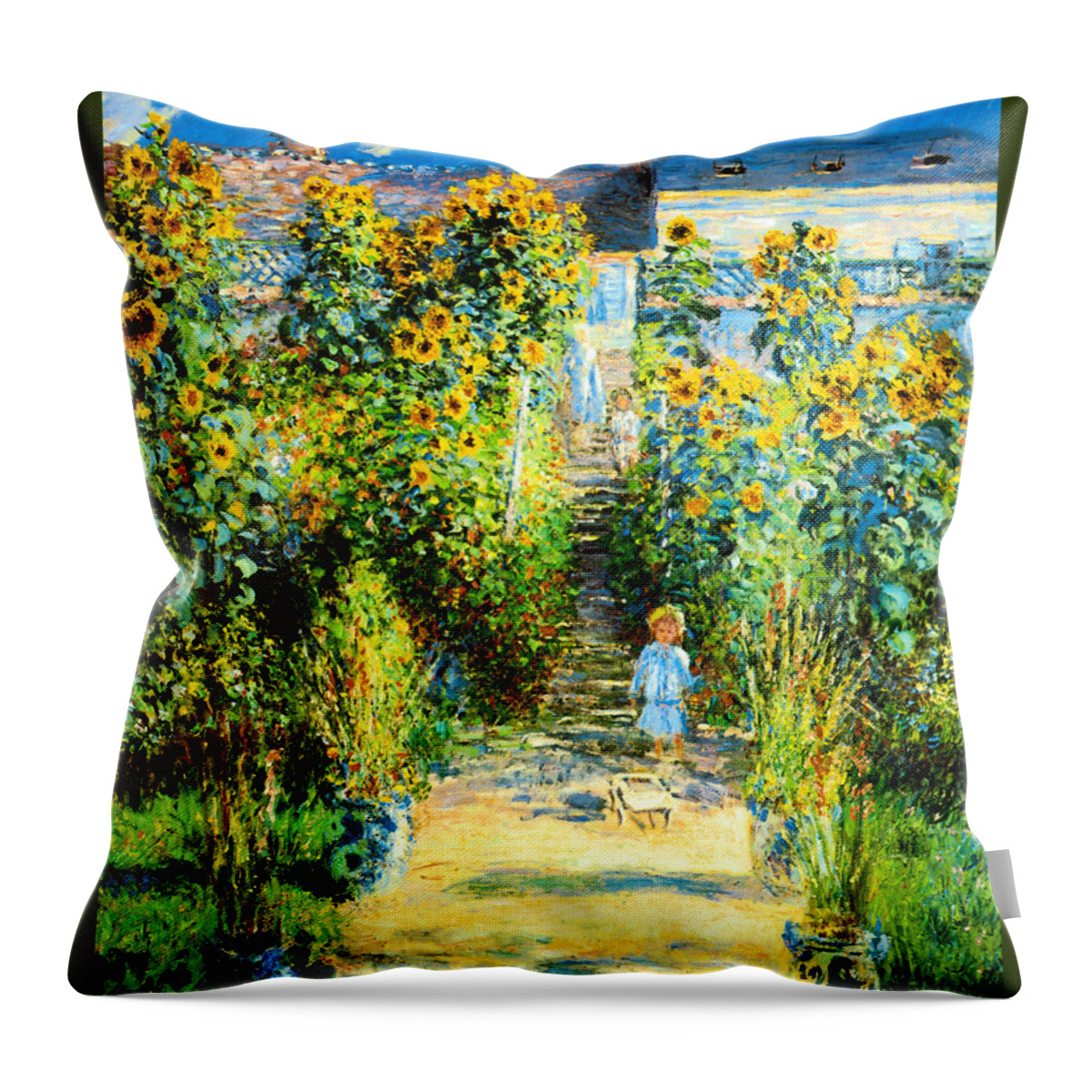 Claude Monet Throw Pillow featuring the painting The Artists Garden at Vetheuil 1880 by Claude Monet