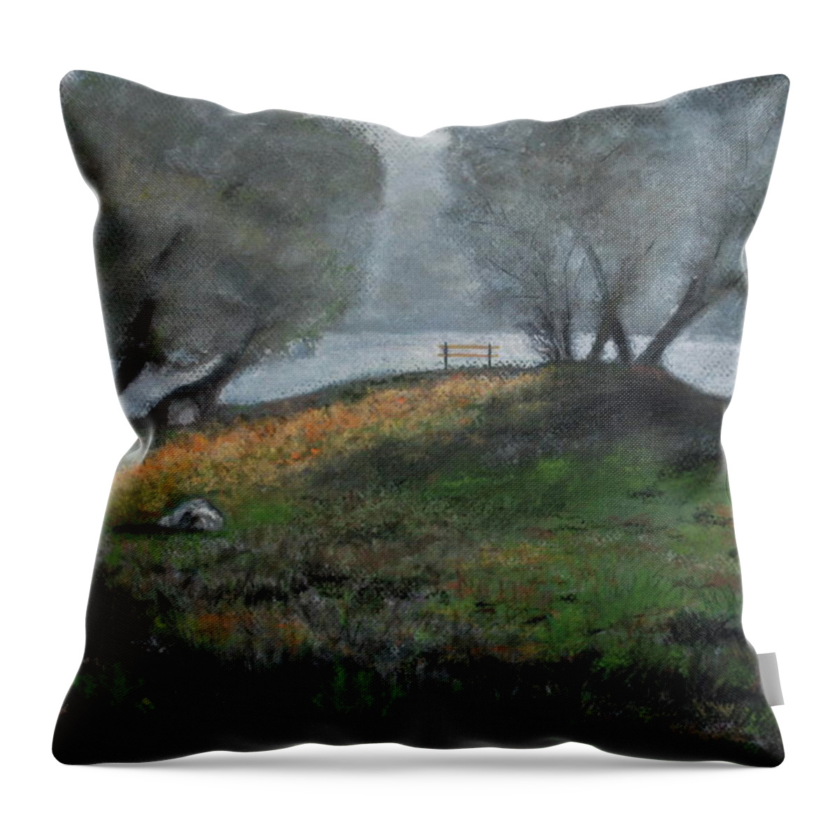 Foggy Day Throw Pillow featuring the pastel The Bench by Sandra Lee Scott