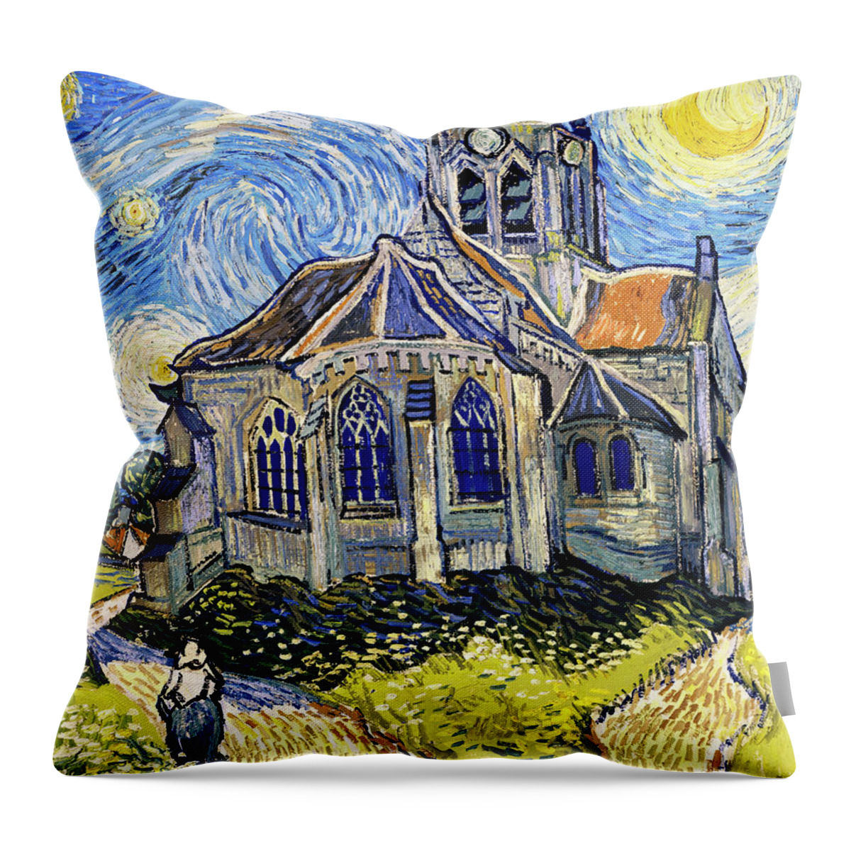 Van Gogh Throw Pillow featuring the digital art The Church at Auvers on a Starry Night - digital recreation by Nicko Prints