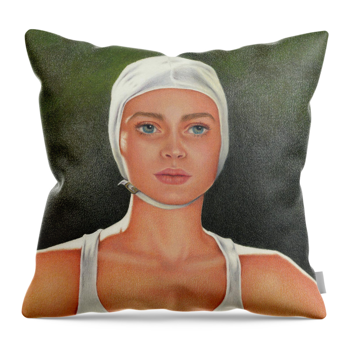Swimming; Competition; Diving; Vintage Swimwear; Bathing Beauties; White Bathing Cap; White Swimsuit; Blue Eyes Throw Pillow featuring the painting The Competition by Valerie Evans
