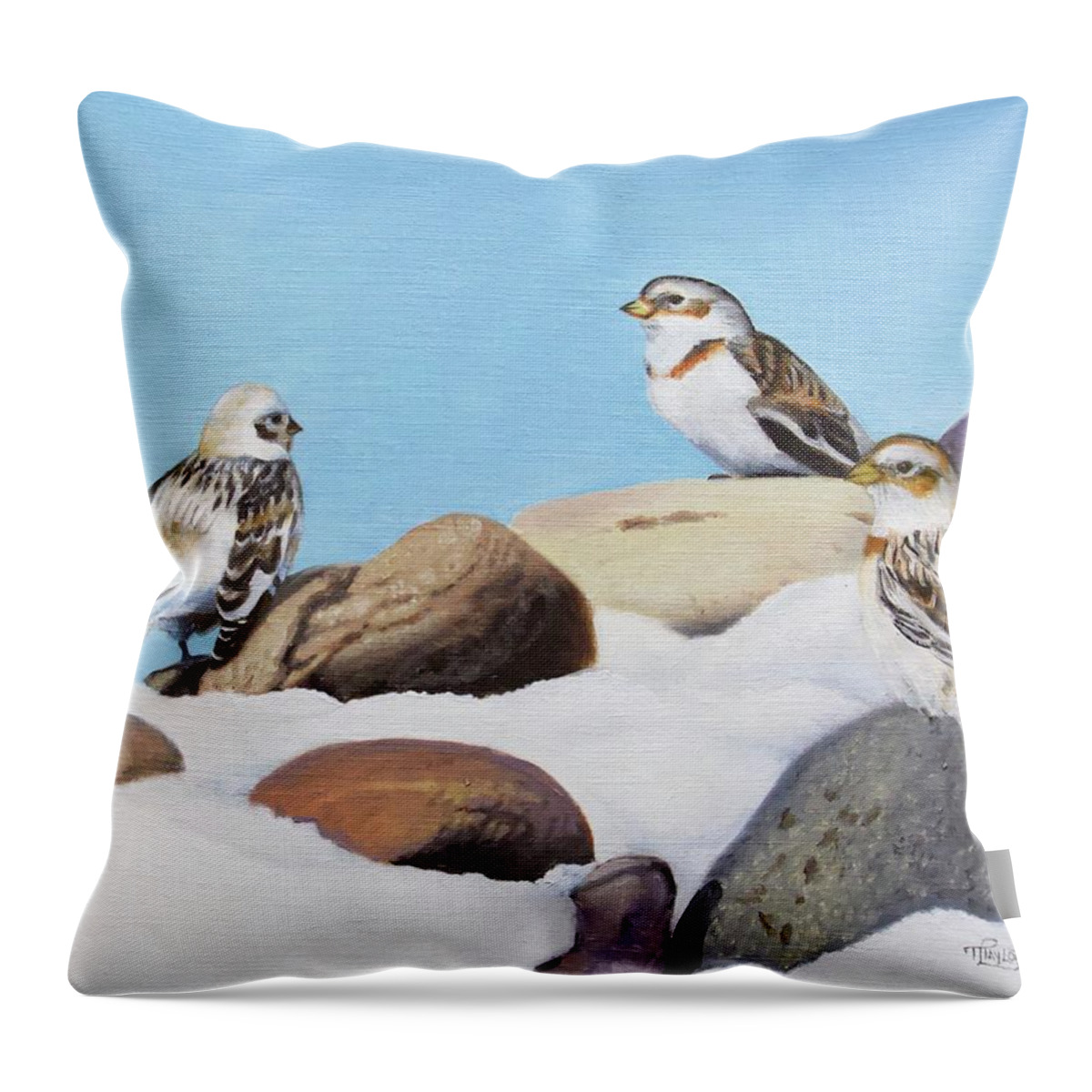 Snow Buntings Throw Pillow featuring the painting The Debate by Tammy Taylor