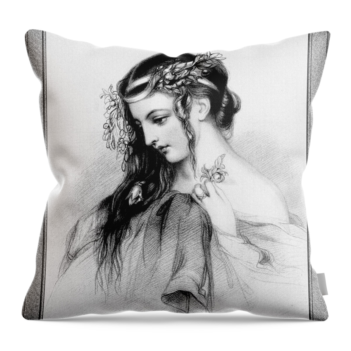 Flower Girl Throw Pillow featuring the drawing The Flower Girl Old Masters Fine Art Illustration by Rolando Burbon