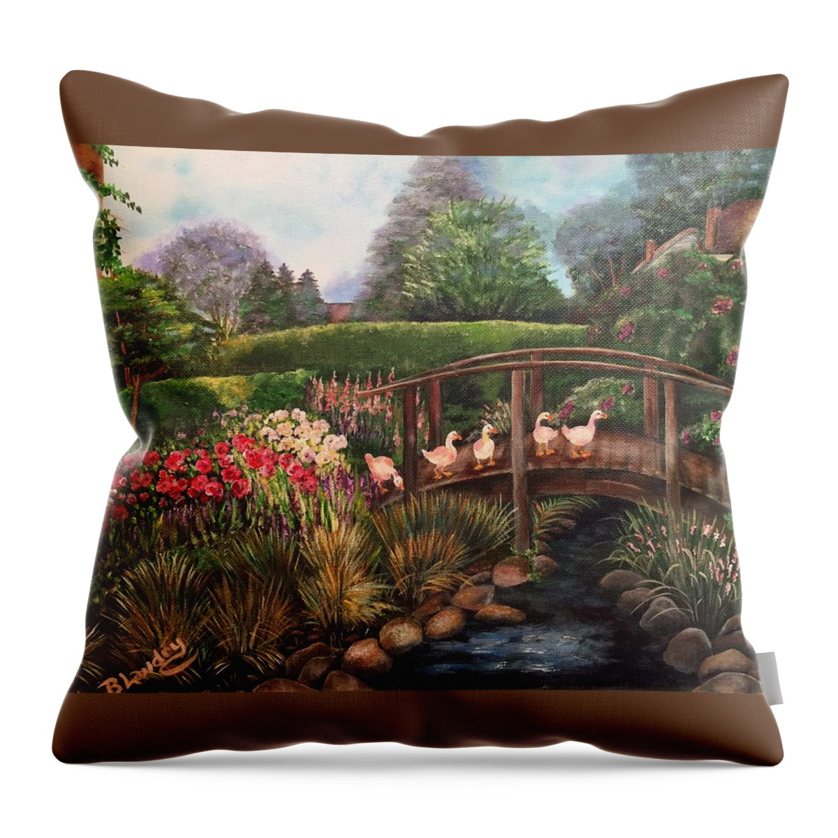 Garden Throw Pillow featuring the painting The Garden Bridge by Barbara Landry