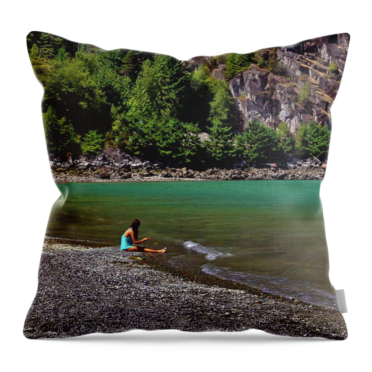 Alex Lyubar Throw Pillow featuring the photograph The Girl at the shore by Alex Lyubar