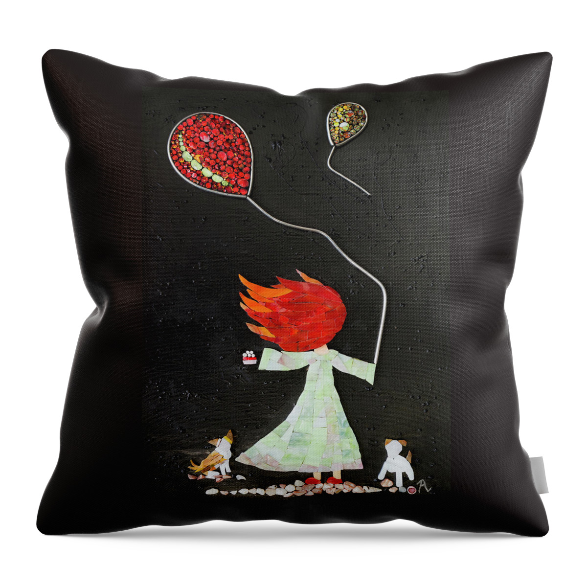 Girl Throw Pillow featuring the glass art The girl with two balloons and two small dogs by Adriana Zoon