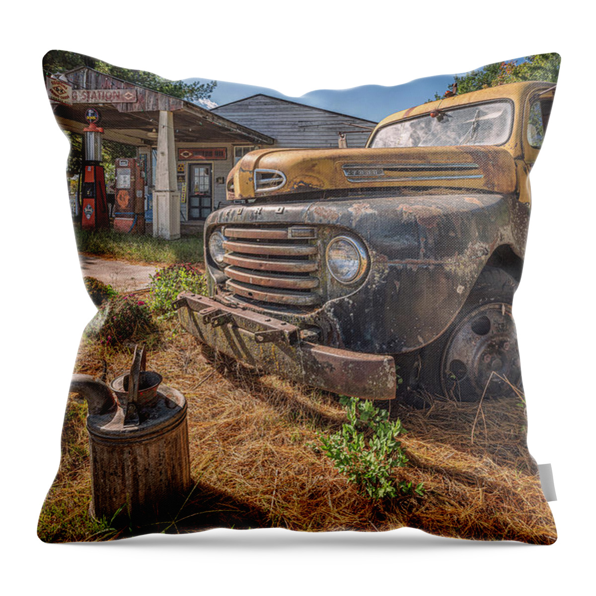Old Ford Trucks Throw Pillow featuring the photograph The Great Filling Station by Darren White