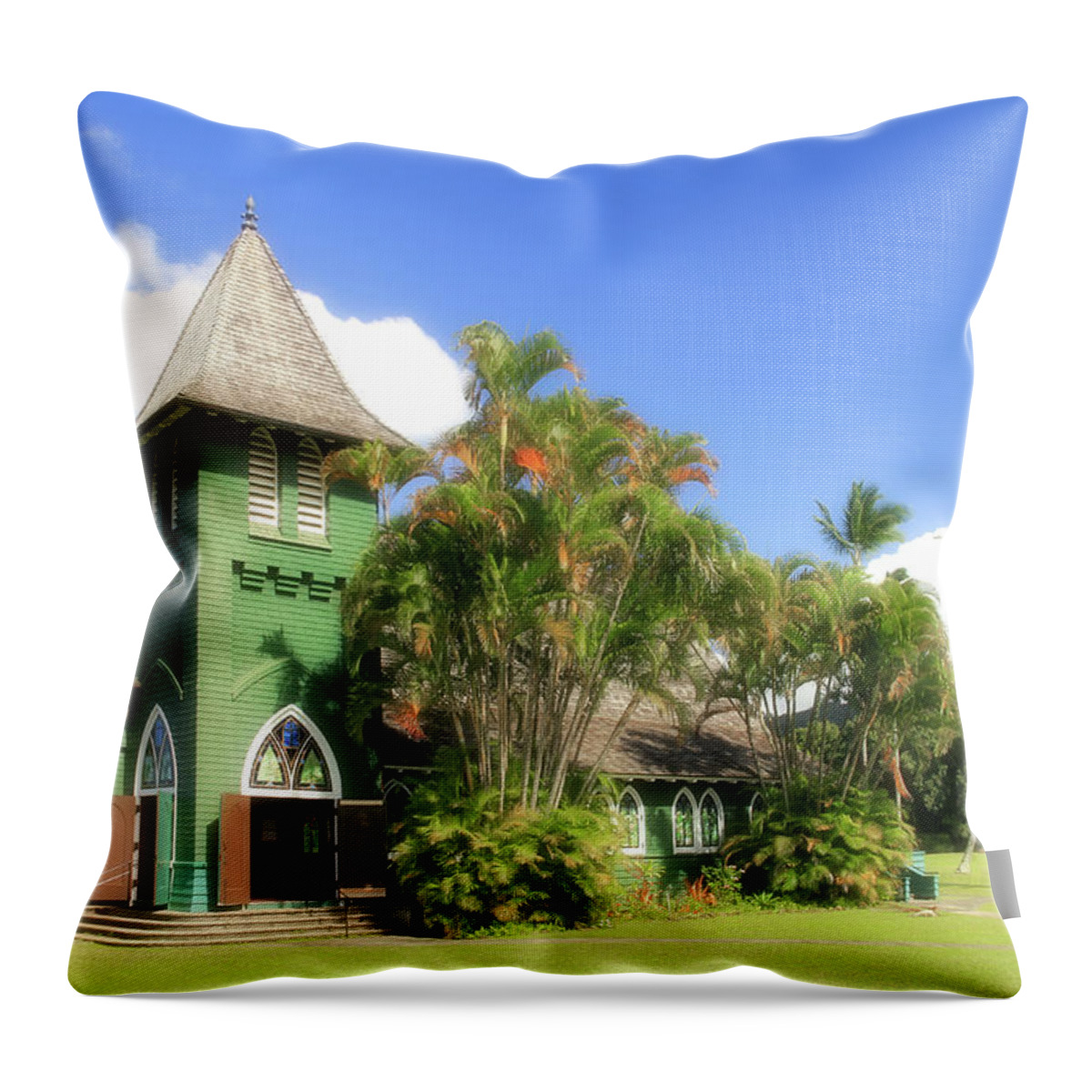 Palm Tree Throw Pillow featuring the photograph The Green Waioli Hula Church by Robert Carter