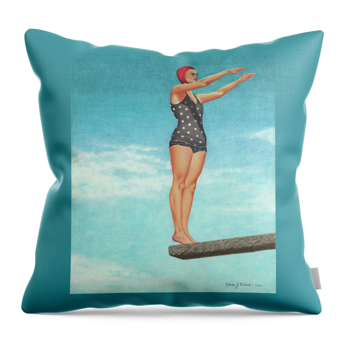 High Dive; Diving Board; Vintage Bathing Beauties; Red Swim Cap; Diving Competitions; Vintage Bathing Suits; Swimming; Polka Dot Swim Suit Throw Pillow featuring the painting The High Dive by Valerie Evans