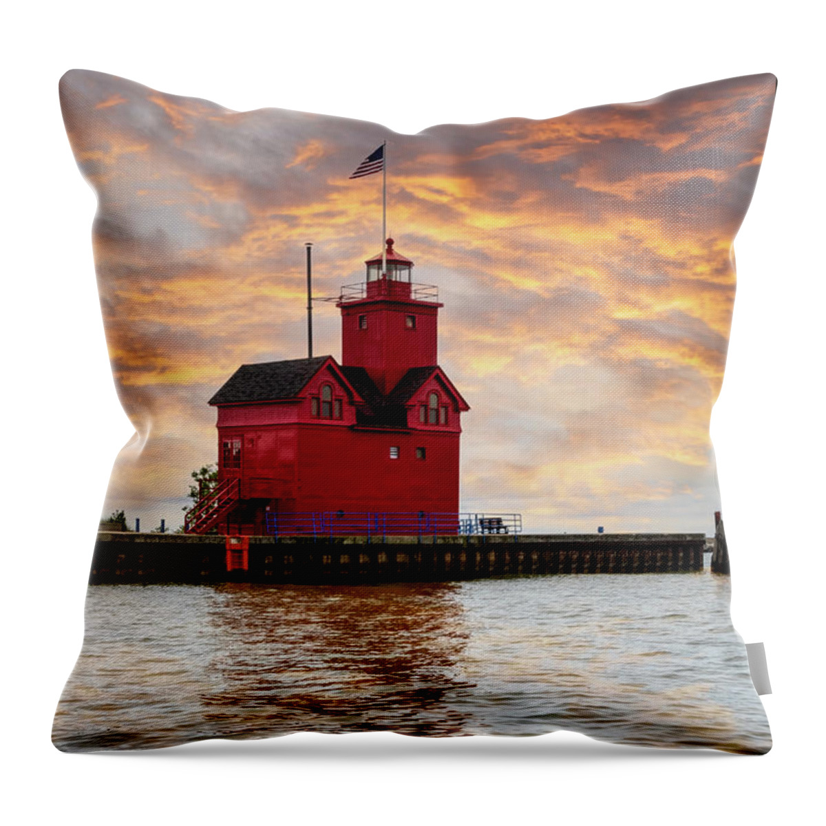 Lighthouse Throw Pillow featuring the photograph The Holland Harbor Lighthouse by Debra and Dave Vanderlaan