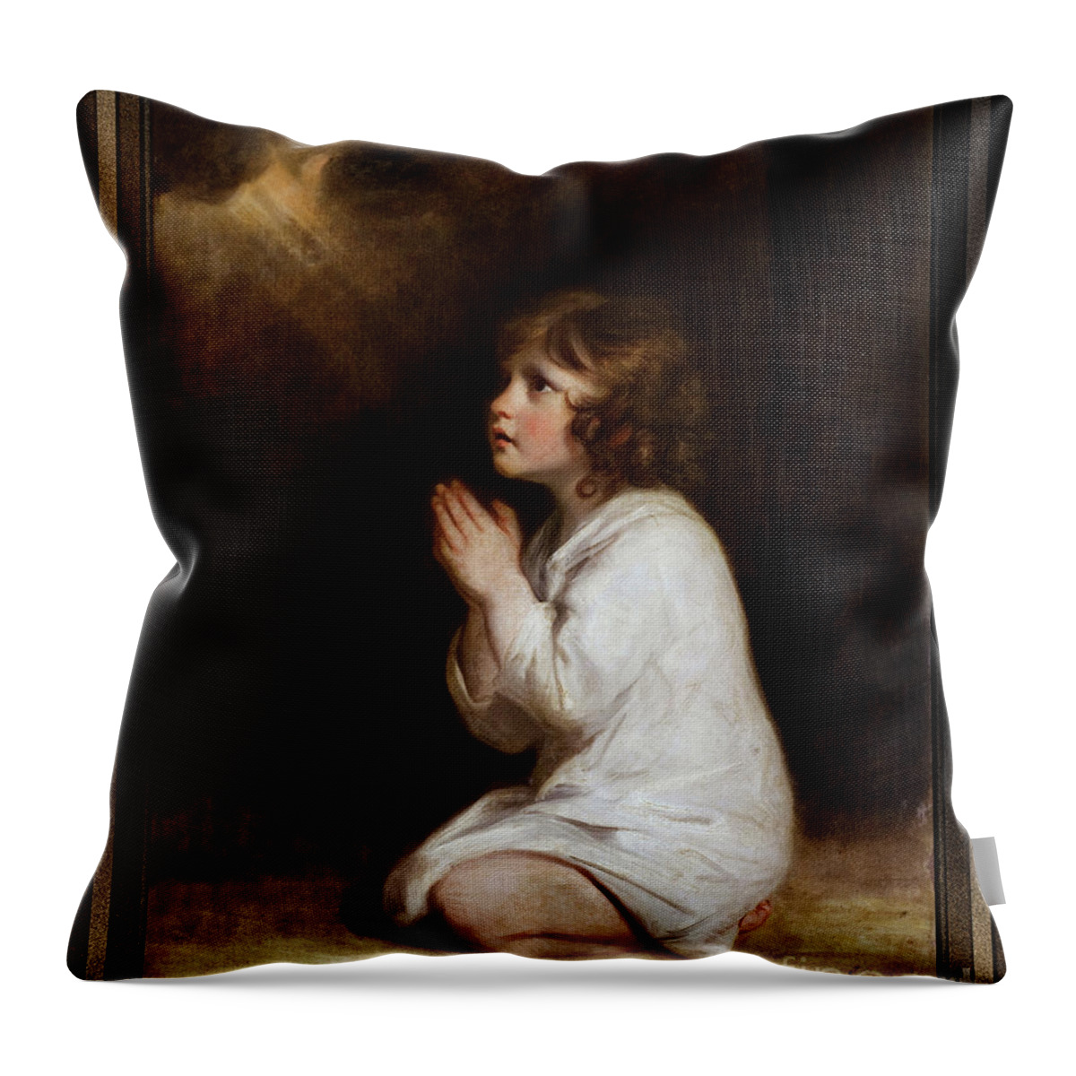 The Infant Samuel Throw Pillow featuring the painting The Infant Samuel by Joshua Reynolds by Rolando Burbon