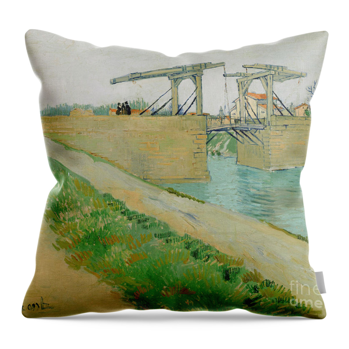 Langlois Throw Pillow featuring the painting The Langlois Bridge, March 1888 by Van Gogh by Vincent van Gogh