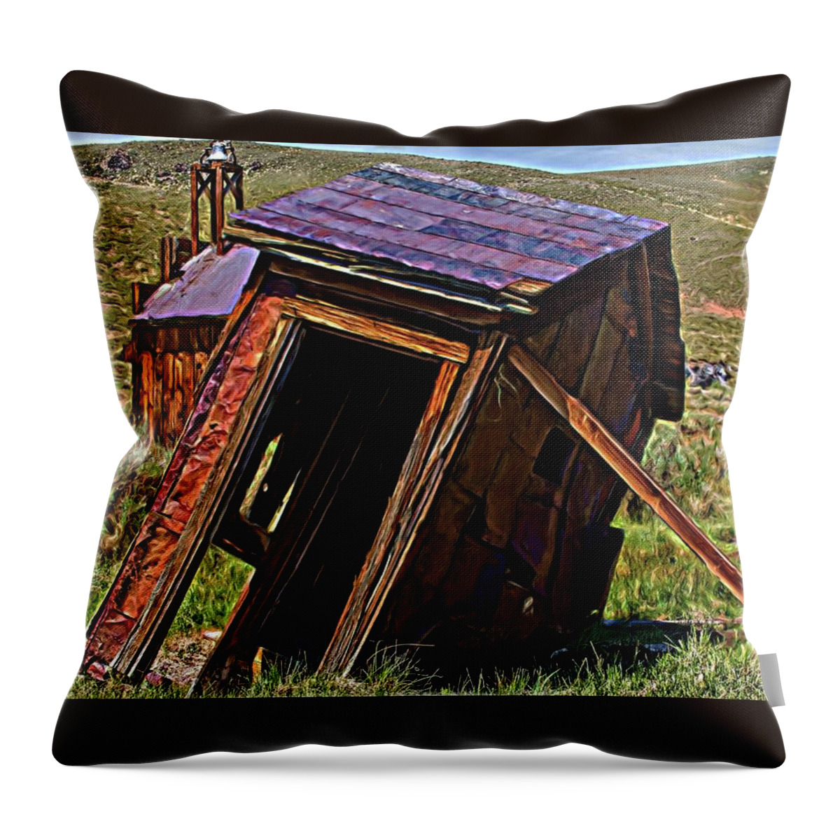 Abandoned Throw Pillow featuring the digital art The Leaning Outhouse Of Bodie by David Desautel