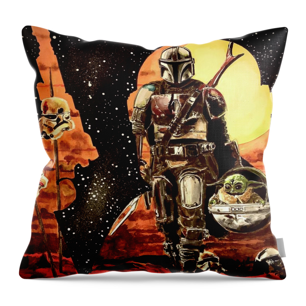 Star Wars Throw Pillow featuring the painting The Mandalorian by Joel Tesch