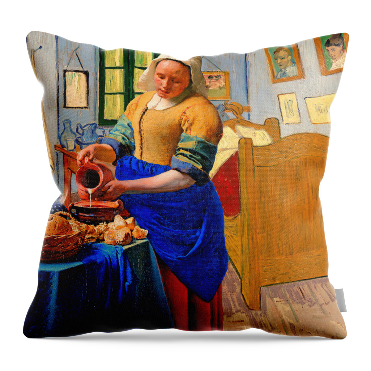 Milkmaid Throw Pillow featuring the digital art The Milkmaid by Johannes Vermeer inside Van Goghs Bedroom in Arles by Nicko Prints