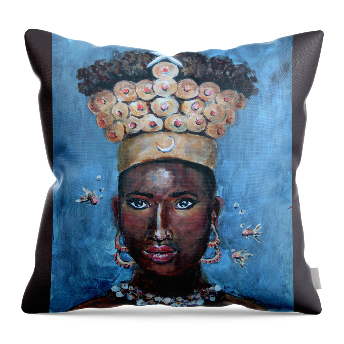 Black Mermaid Throw Pillow featuring the painting The Moon and the Stars by Linda Queally by Linda Queally