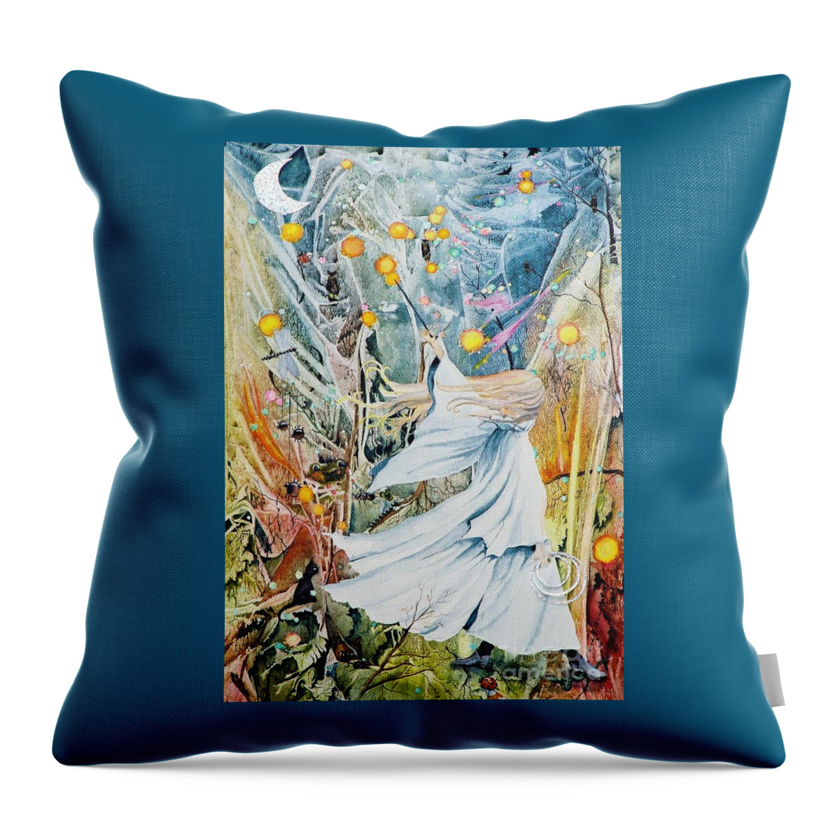 Fantasy Throw Pillow featuring the painting The Moon Caster by Jackie Mueller-Jones