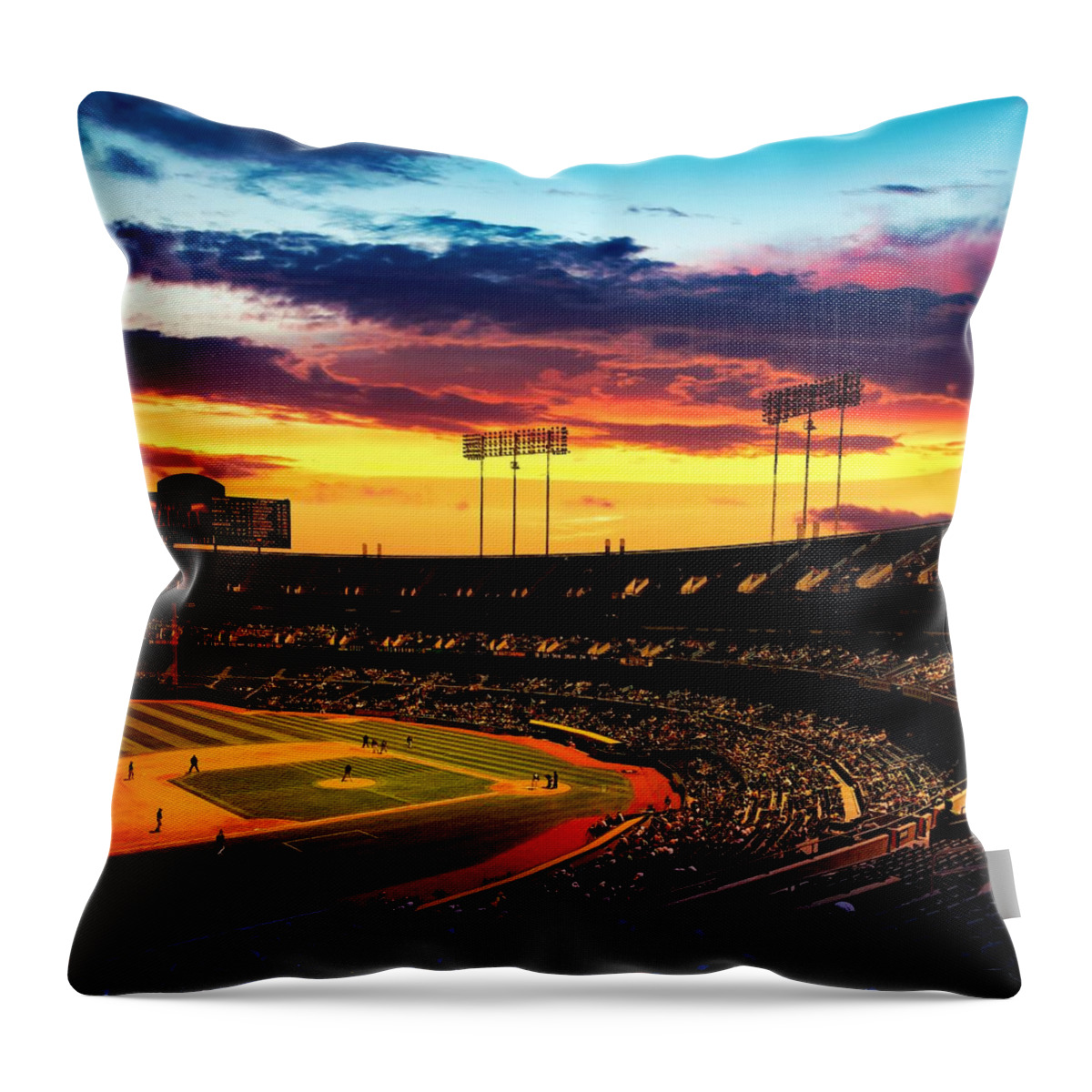 Oakland Throw Pillow featuring the digital art The Oakland-Alameda County Coliseum in sunset light by Nicko Prints