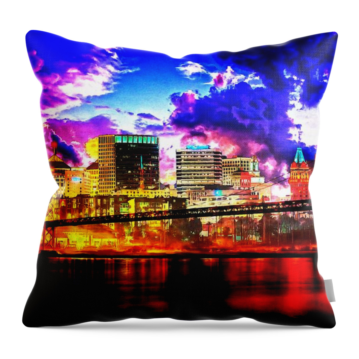 Oakland Throw Pillow featuring the digital art The Oakland Bay Bridge and the downtown Oakland skyline at twilight by Nicko Prints