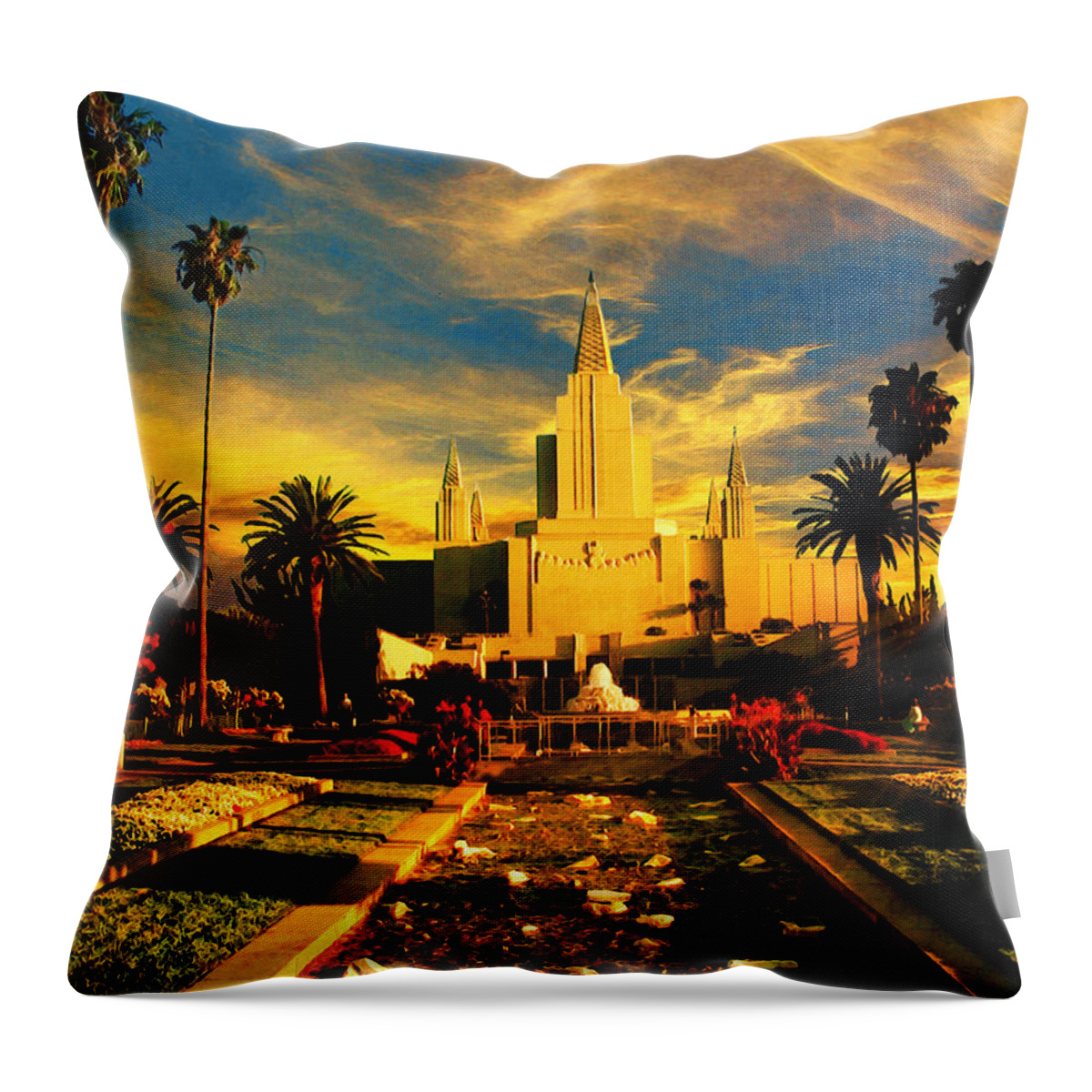 Oakland California Temple Throw Pillow featuring the digital art The Oakland California Temple in sunset light by Nicko Prints