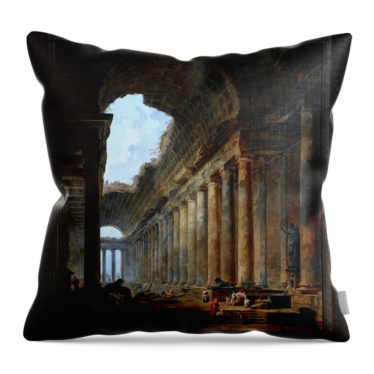 The Old Temple Throw Pillow featuring the painting The Old Temple by Hubert Robert Old Masters Fine Art Reproduction by Rolando Burbon