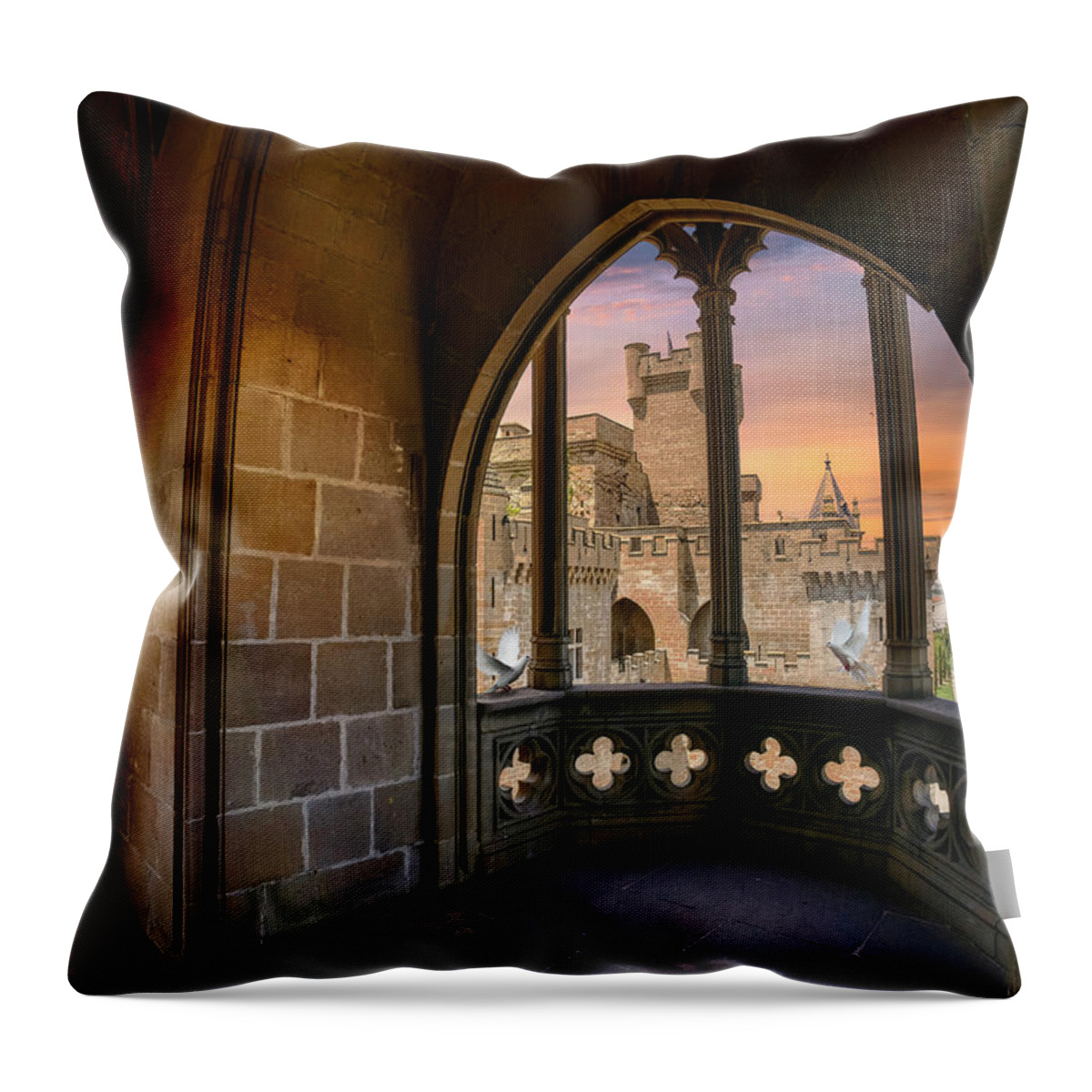 Olite Throw Pillow featuring the photograph The Olite Castle seen from the loggia by Micah Offman