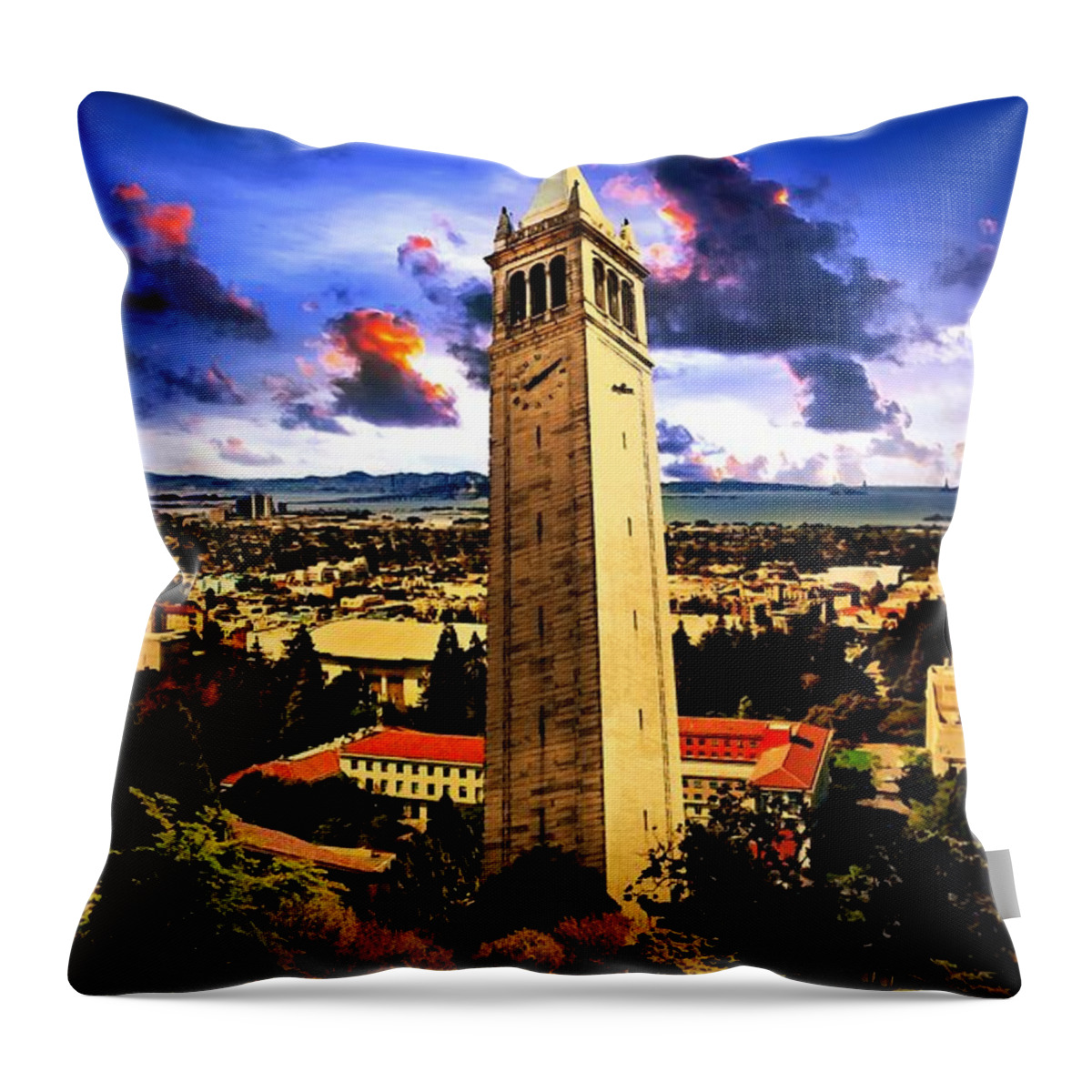 Berkeley Throw Pillow featuring the digital art The Sather Tower and a a view to Berkeley Campus, downtown Berkeley and San Francisco Bay at sunrise by Nicko Prints