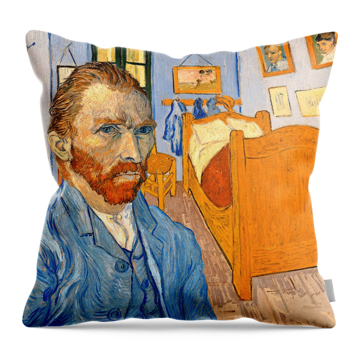 Bedroom In Arles Throw Pillow featuring the digital art The self-portrait of Vincent van Gogh in front of the Bedroom in Arles - digital recreation by Nicko Prints