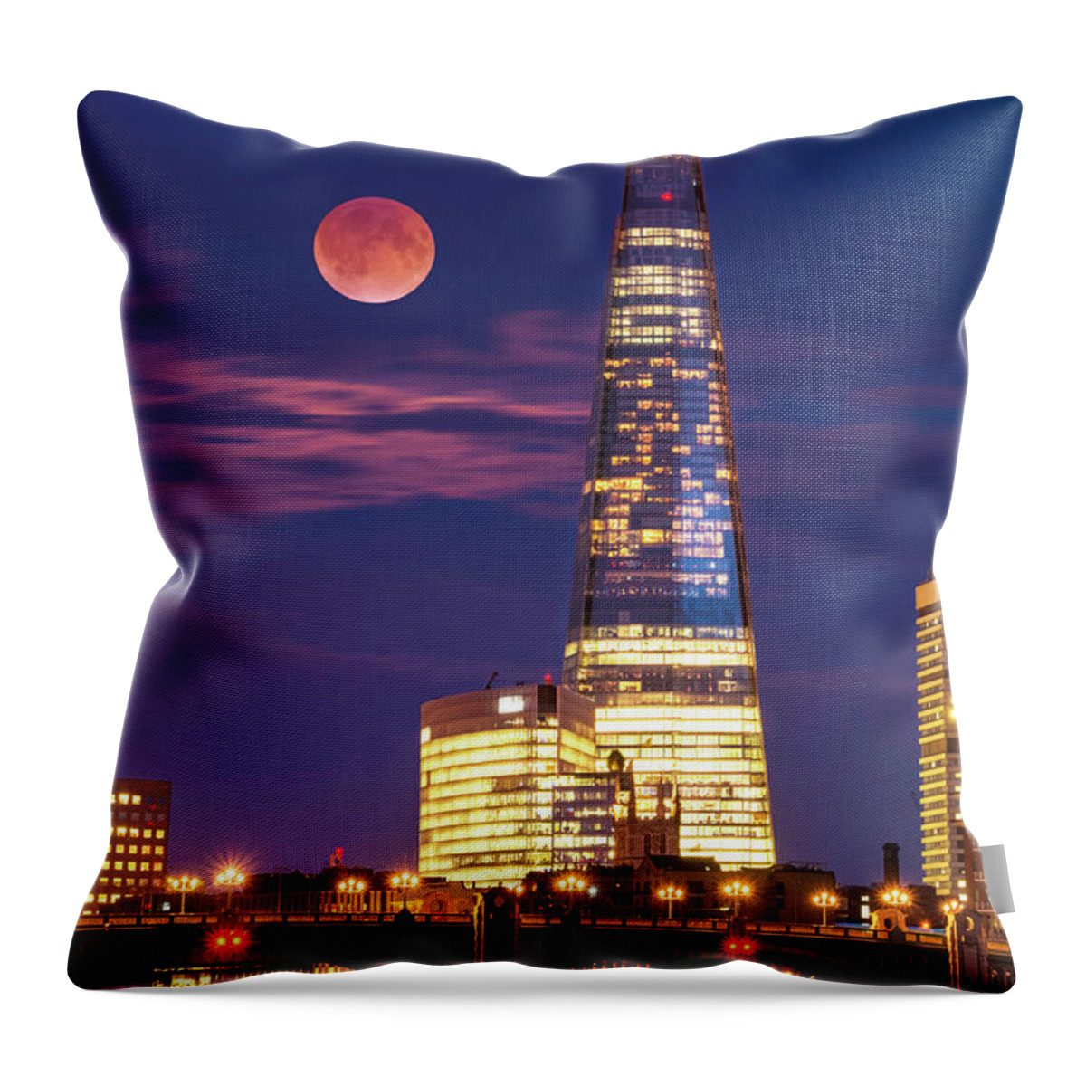 London Throw Pillow featuring the photograph The Shard and red moon, London by Neale And Judith Clark