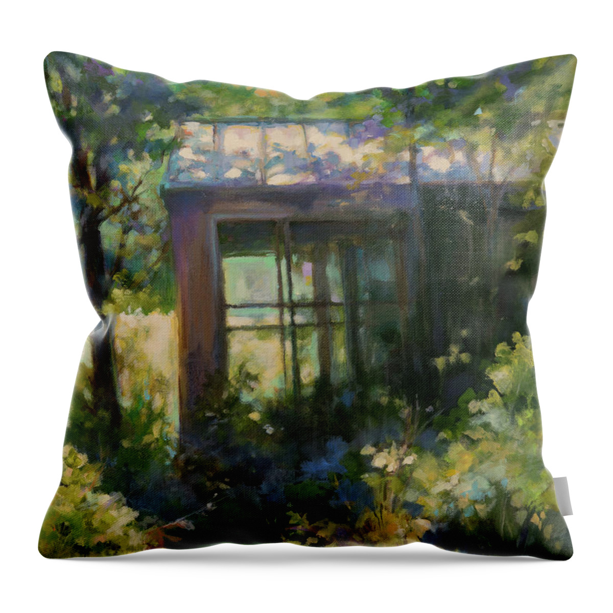 Field Throw Pillow featuring the painting The Shed's Secrets by Carol Klingel