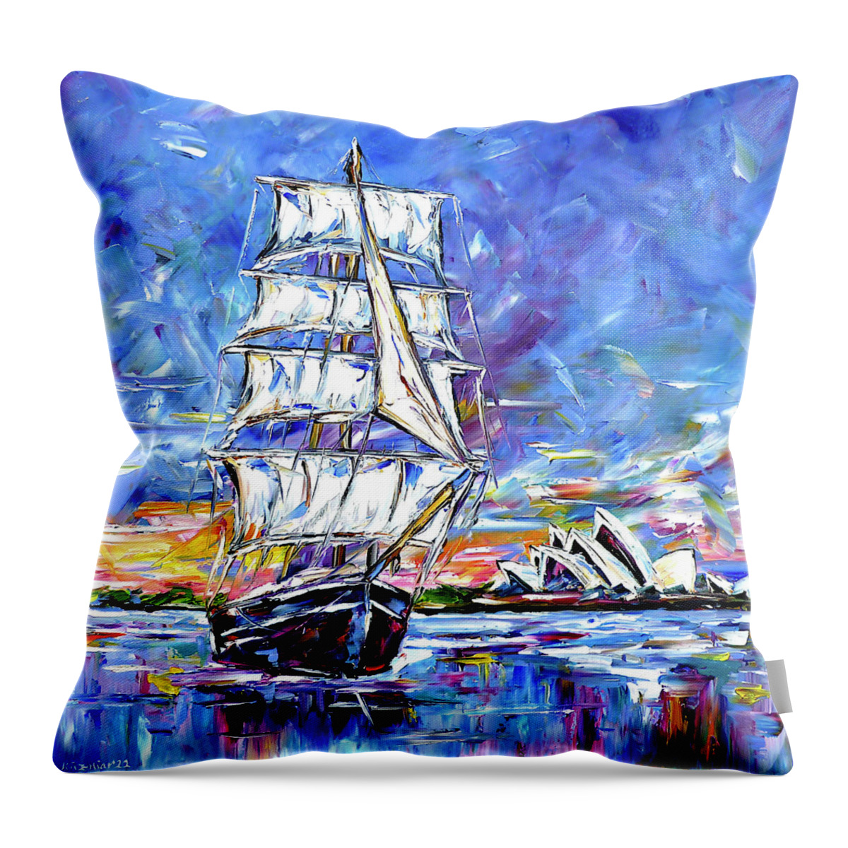 Sydney Opera House Throw Pillow featuring the painting The Ship Off Sydney by Mirek Kuzniar