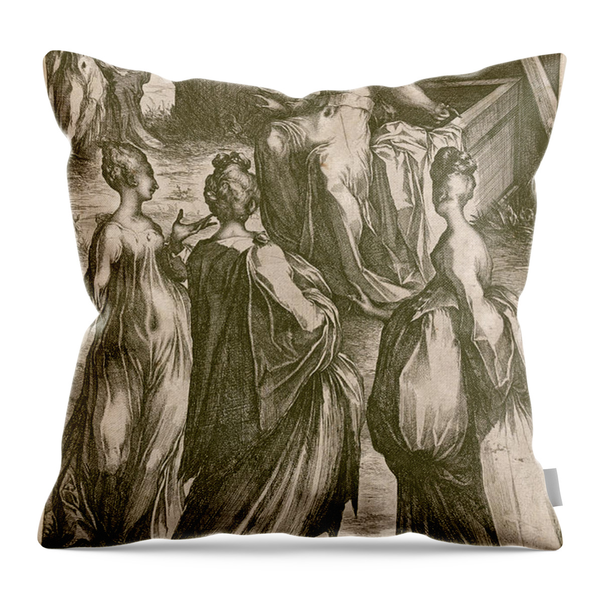 Jacques Bellange Throw Pillow featuring the drawing The Three Marys at the Tomb by Jacques Bellange