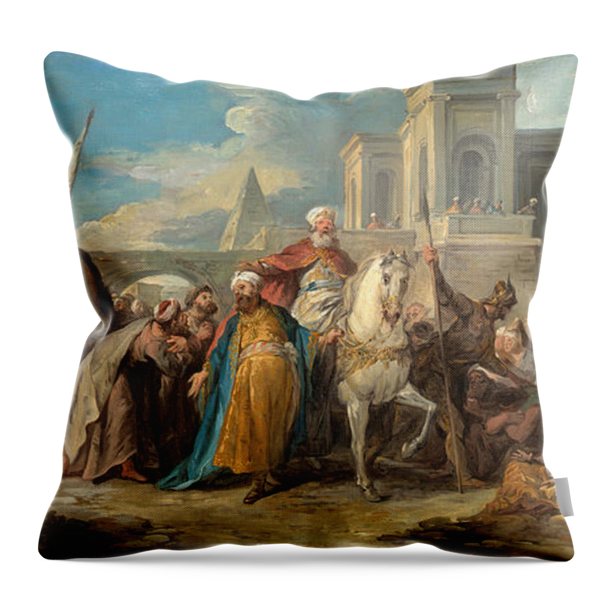 Jean-francois Detroy Throw Pillow featuring the painting The Triumph of Mordecai by Jean-Francois Detroy