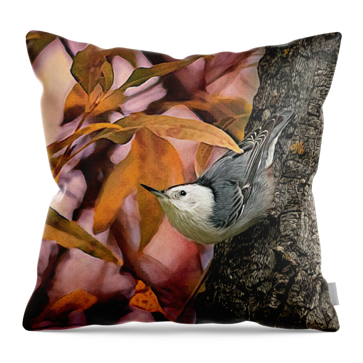 Nuthatch Throw Pillow featuring the photograph The Upside Down Percher by Debra Martz