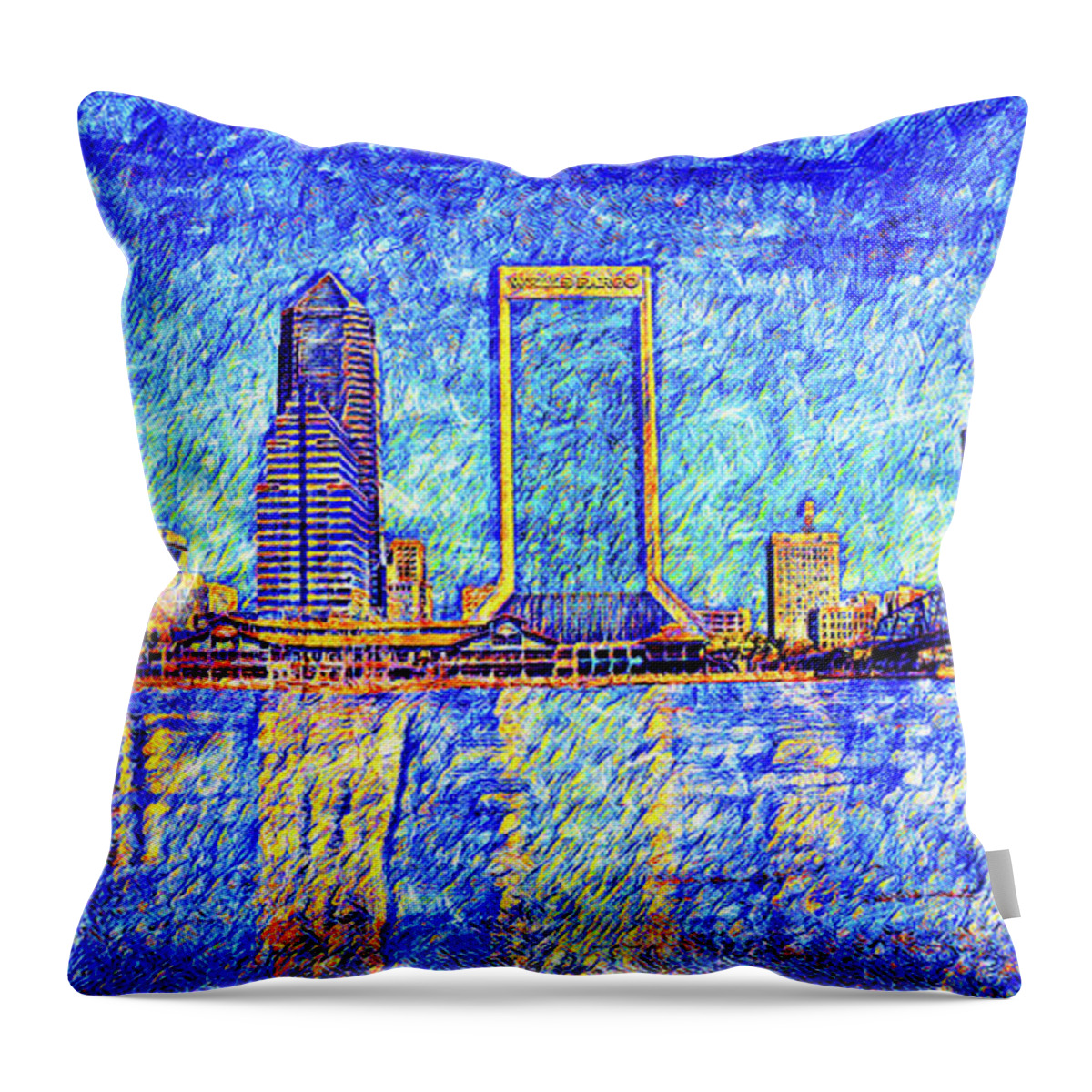 Downtown Jacksonville Throw Pillow featuring the digital art The waterfront of downtown Jacksonville, Florida - digital painting by Nicko Prints