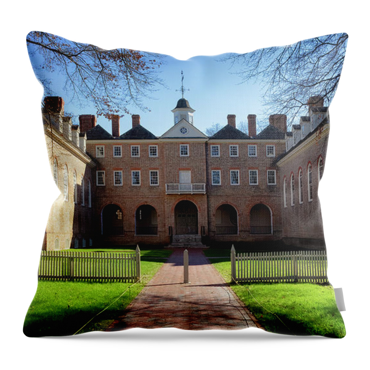 Wren Building Throw Pillow featuring the photograph The Wren Building Courtyard - Williamsburg, Virginia by Susan Rissi Tregoning