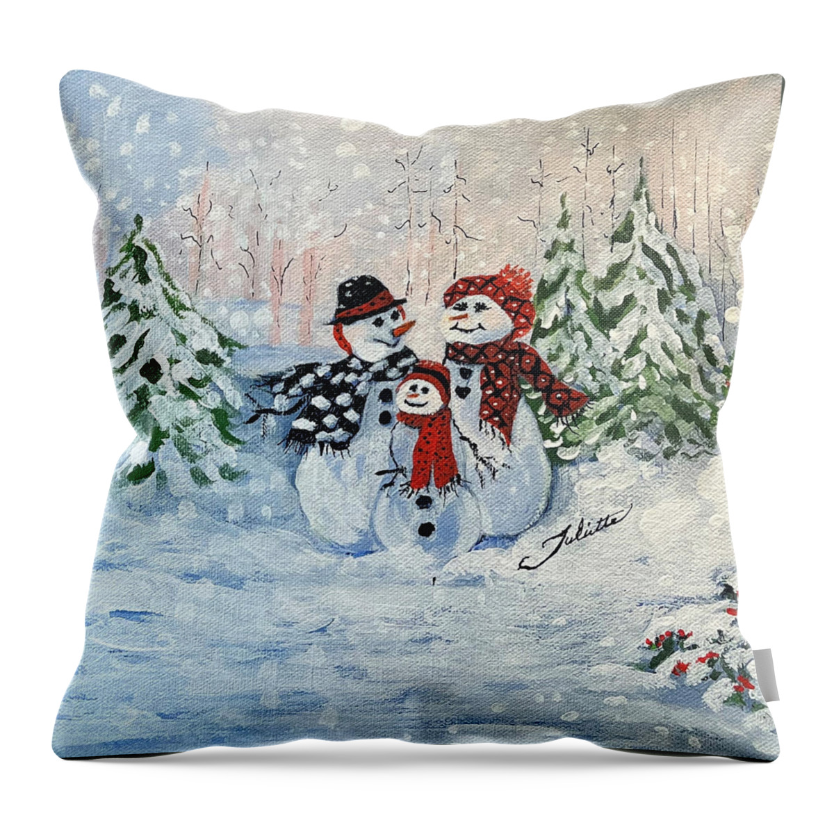 Snowman Throw Pillow featuring the painting There's Snow Place Like Home by Juliette Becker