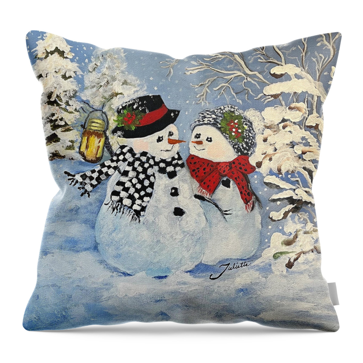 Snowman Throw Pillow featuring the painting This is a Fine Snowmance by Juliette Becker