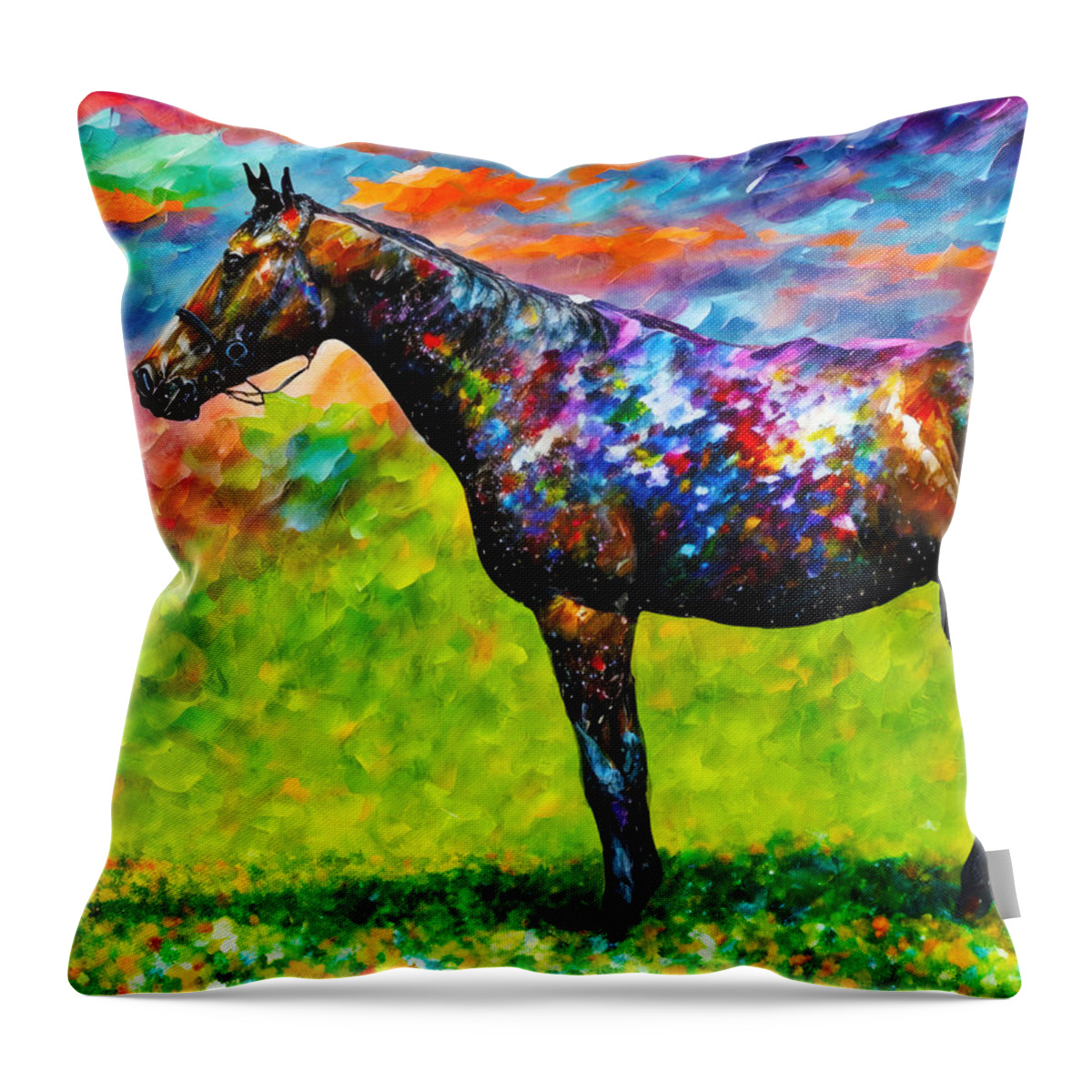 Thoroughbred Throw Pillow featuring the digital art Thoroughbred horse on a pasture - colorful abstract painting by Nicko Prints