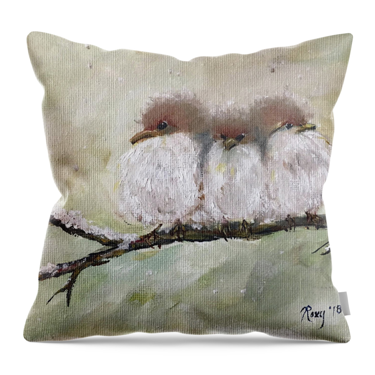 Fairy Wrens Throw Pillow featuring the painting Three Fat Fluffballs by Roxy Rich