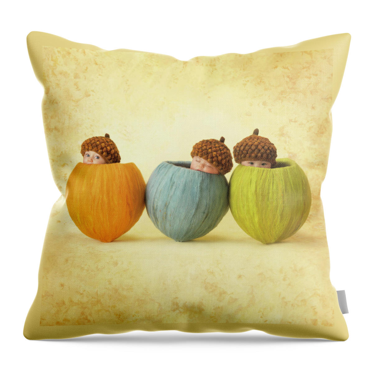 Acorns Throw Pillow featuring the photograph Three Little Acorns by Anne Geddes