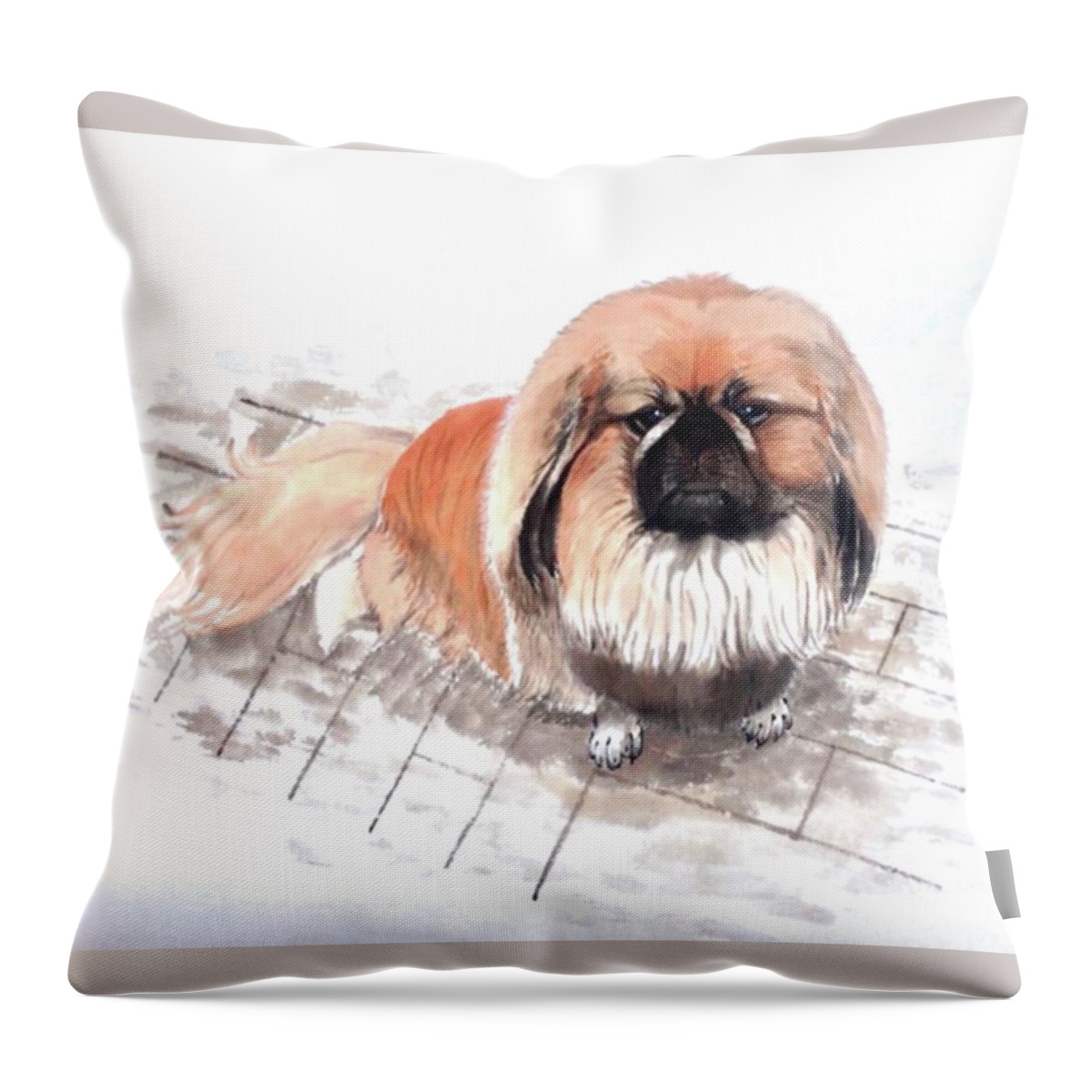 Pekes Dog Throw Pillow featuring the painting Three Pekes in a Pod - 6 Benny by Carmen Lam