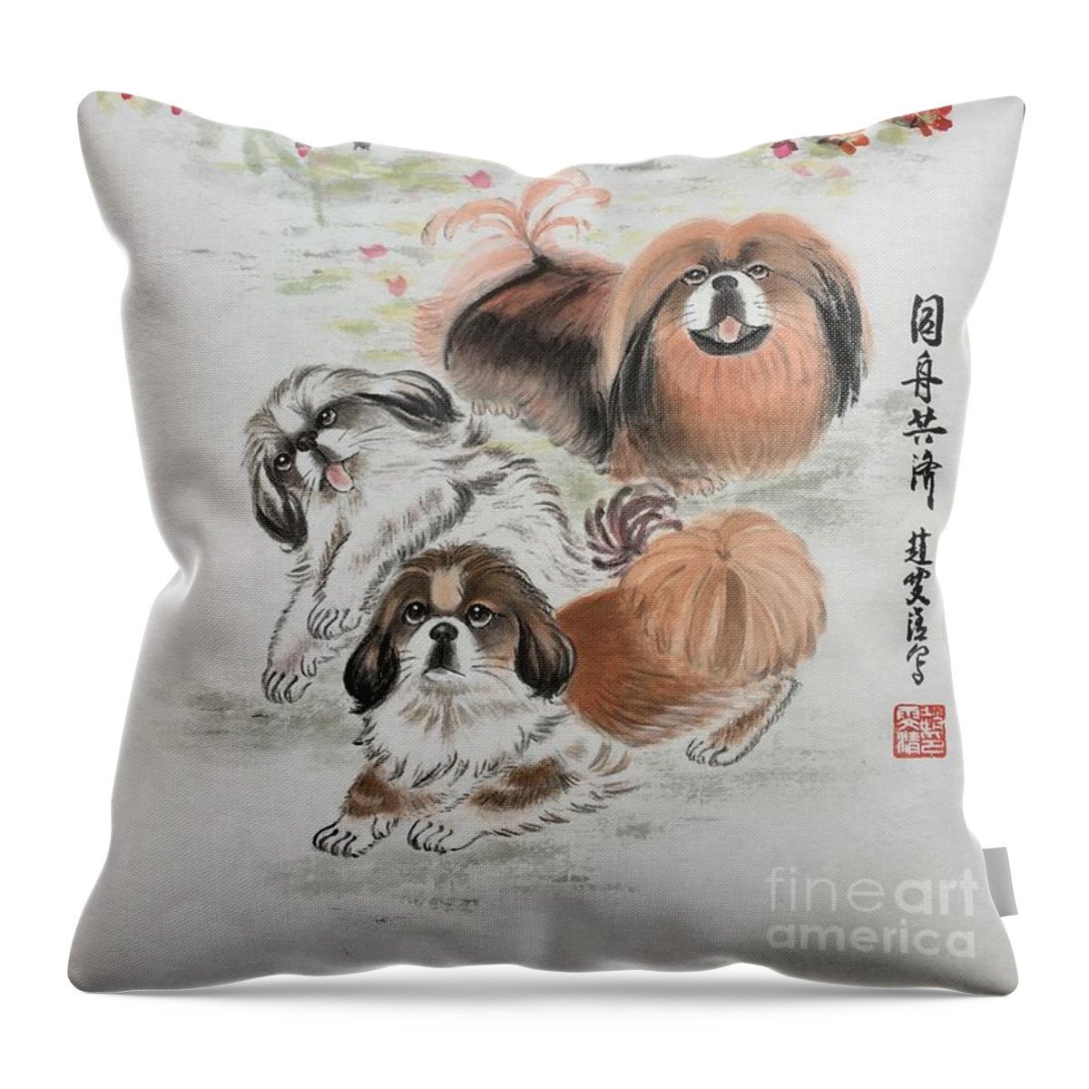 Pekes Throw Pillow featuring the painting Three Pekes in a Pod - 2 by Carmen Lam